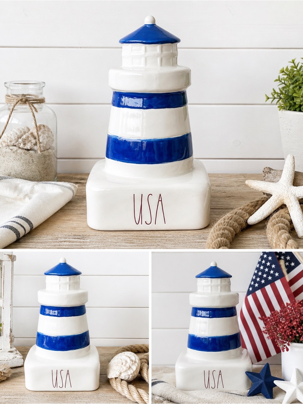 Rae Dunn USA Lighthouse Decor 🇺🇸 Coastal Nautical Blue White - New